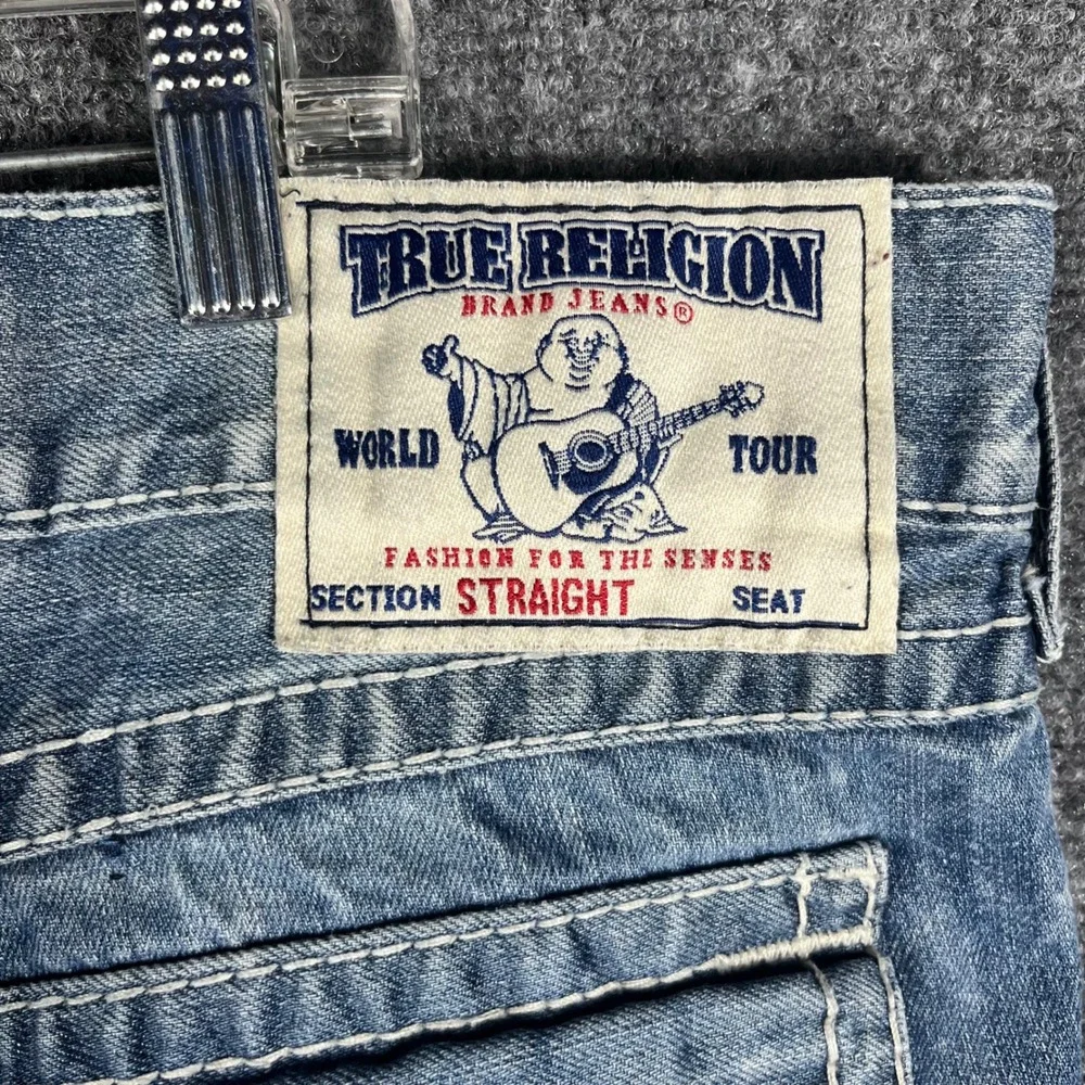 True Religion Straight Leg Jeans Mens 40 Blue Contrast Stitch Medium Wash Denim